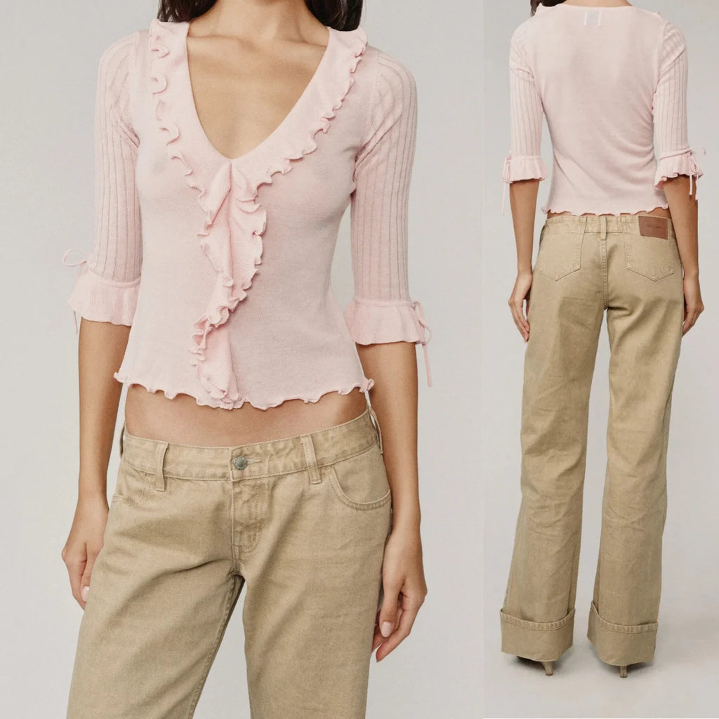 Ruffled V-Neck Lace Knit Top – Women’s Slim Fit Ruched Blouse