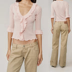 Ruffled V-Neck Lace Knit Top – Women’s Slim Fit Ruched Blouse