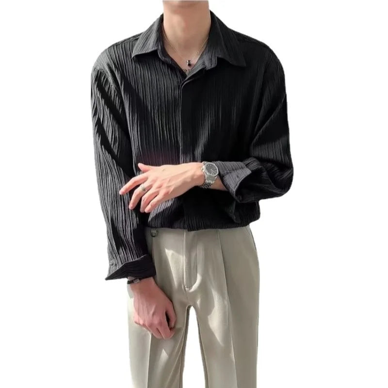 Men’s Pleated Long Sleeve Shirt – Loose Fit Korean Casual Dress Shirt