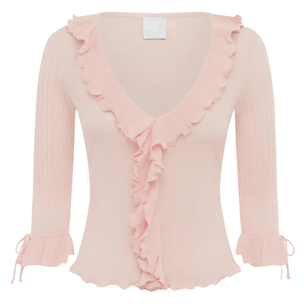 Ruffled V-Neck Lace Knit Top – Women’s Slim Fit Ruched Blouse