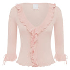 Ruffled V-Neck Lace Knit Top – Women’s Slim Fit Ruched Blouse