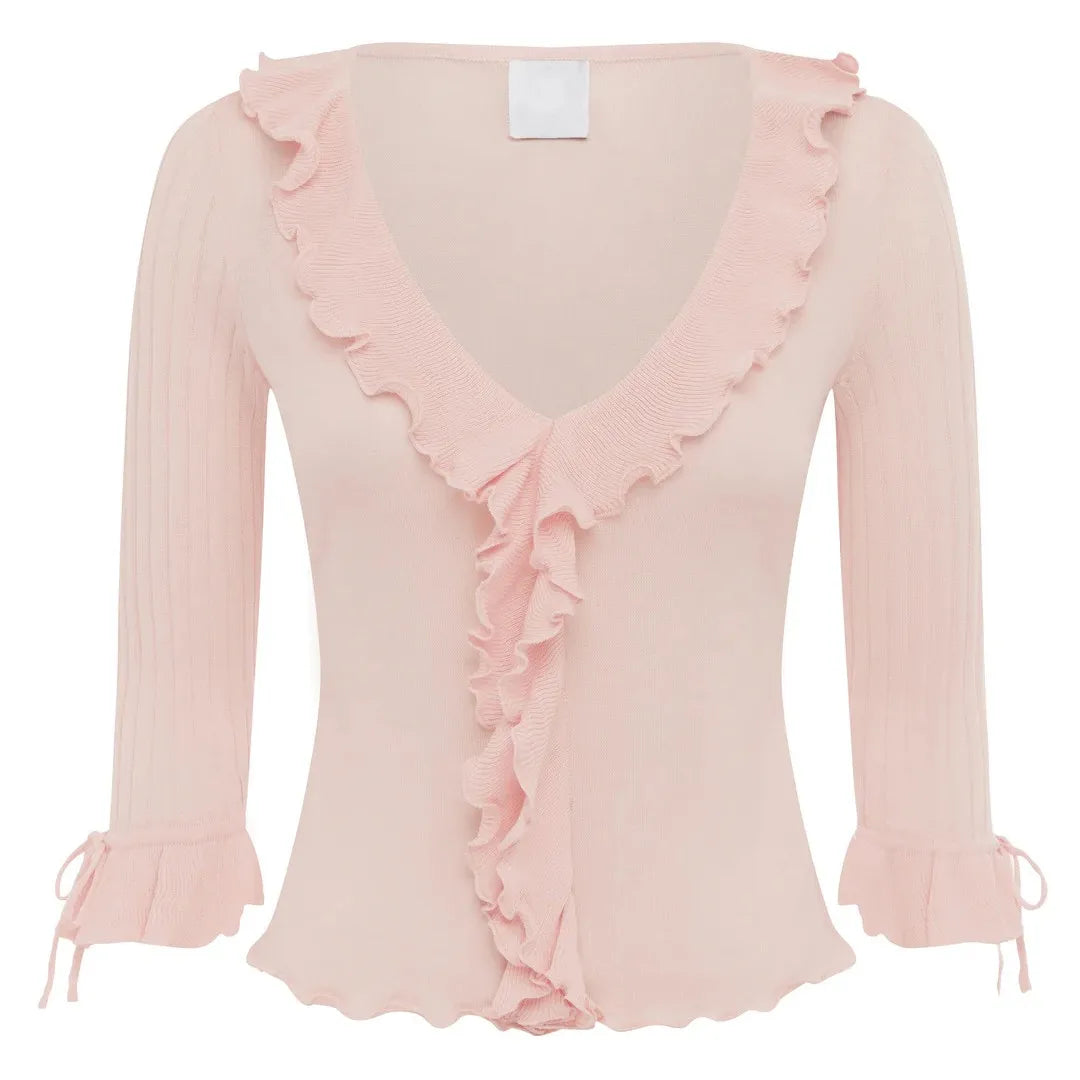 Ruffled V-Neck Lace Knit Top – Women’s Slim Fit Ruched Blouse