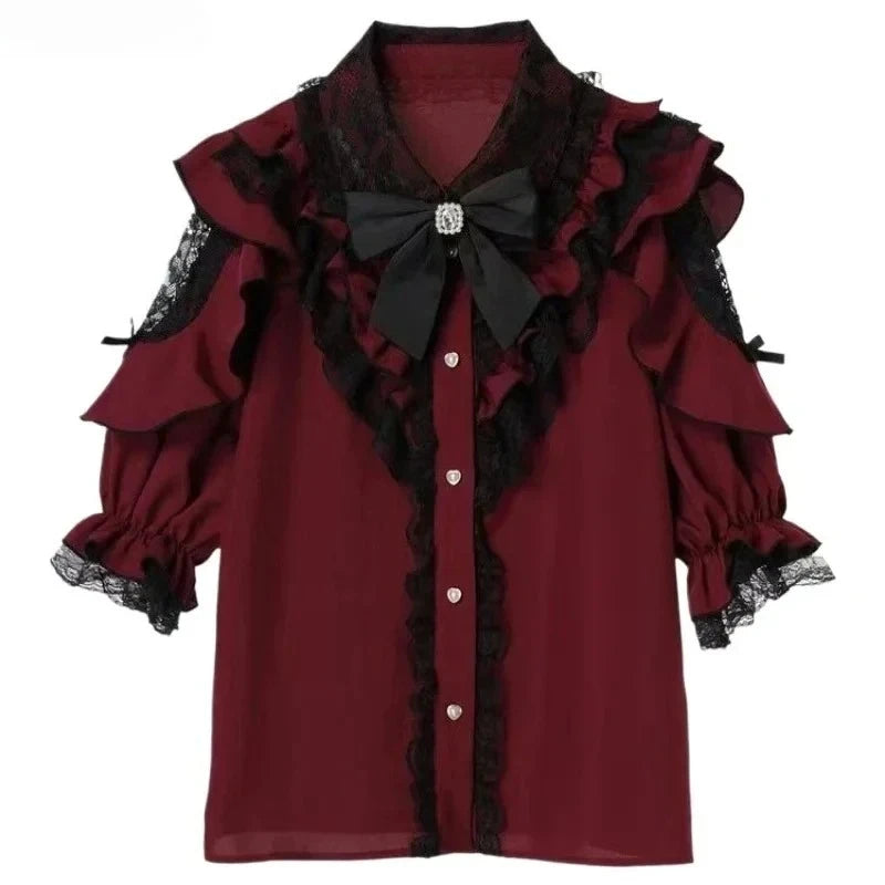 Lolita Bow Lace Blouse – Women’s Black & White Long Sleeve Shirt