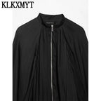 Women’s Cropped Satin Bomber Jacket – Black Zip-Up Streetwear Coat
