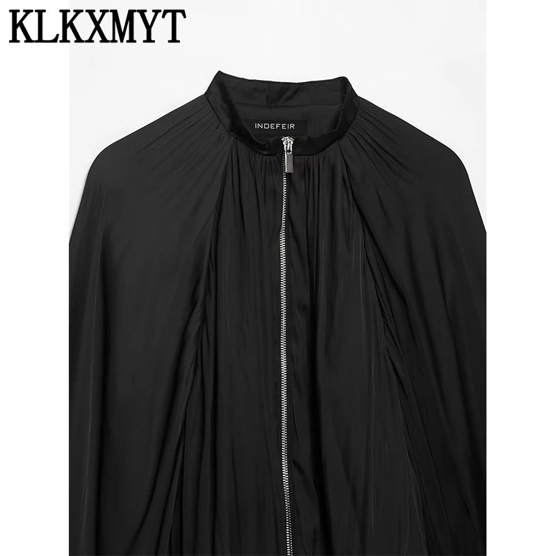 Women’s Cropped Satin Bomber Jacket – Black Zip-Up Streetwear Coat