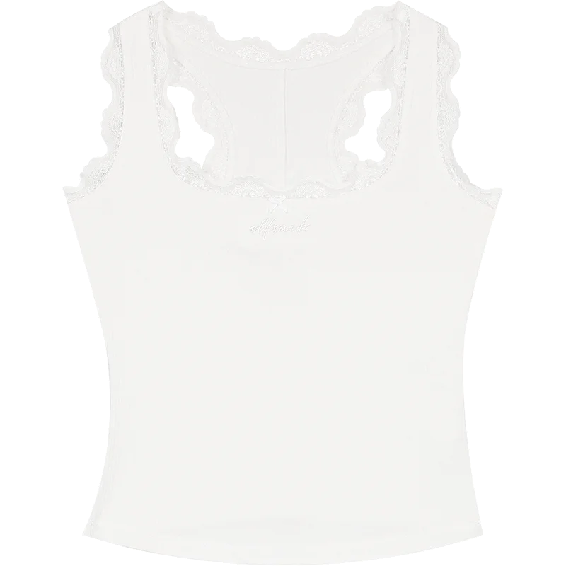 Elegant Lace Trim Ribbed Tank Top – Women’s Sleeveless White Cami