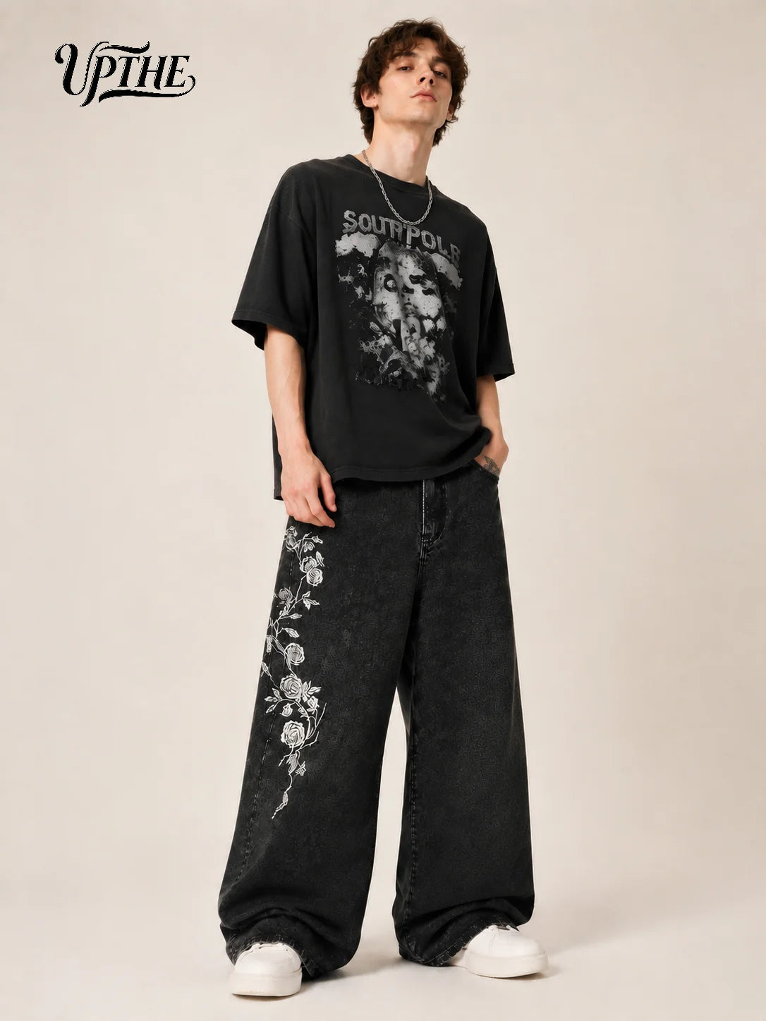 Men’s Washed Black Wide Leg Jeans – Oversized Rose Embroidery Denim Pants