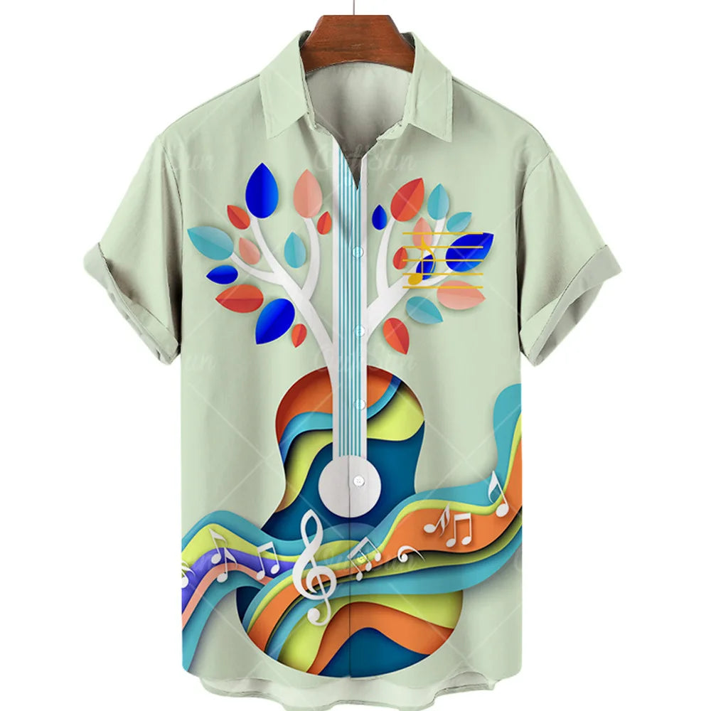 Men’s 3D Musical Note Print Shirt – Short Sleeve Open Front Casual Top