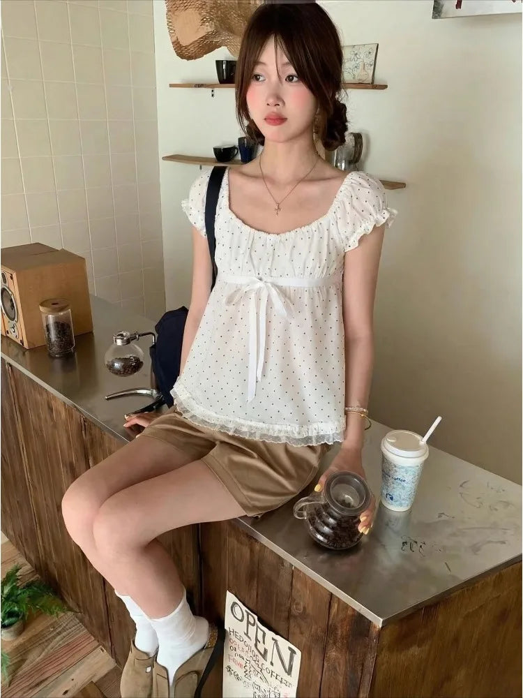 Vintage Polka Dot Lace Blouse – Women’s Puff Sleeve Summer Top