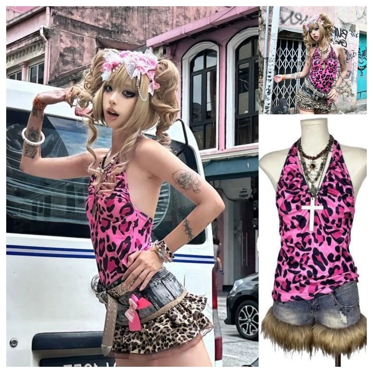 Vintage Leopard Lace Patchwork Cami – Women’s Y2K Sleeveless Summer Top