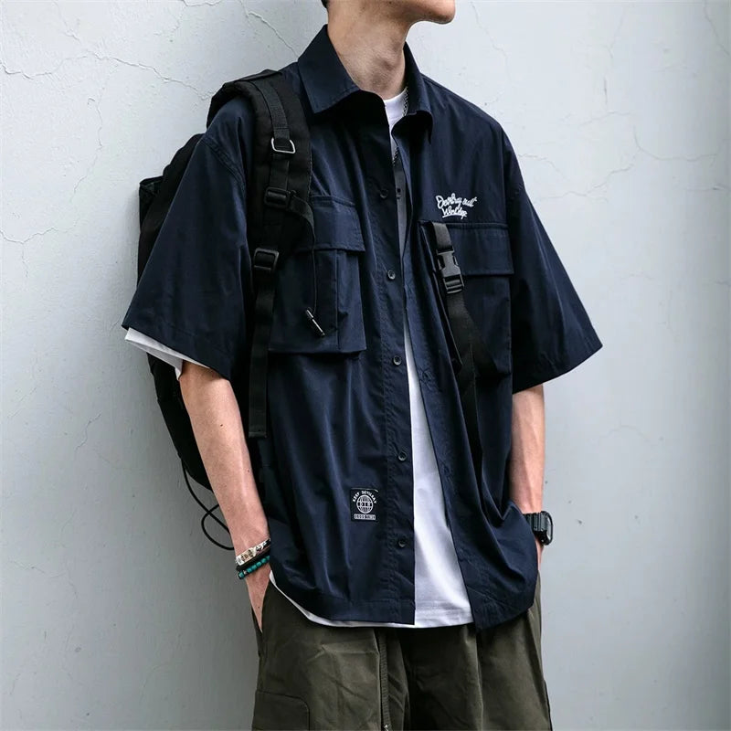 Men’s Oversized Cargo T-Shirt – Japanese Retro Multi-Pocket Y2K Streetwear Tee
