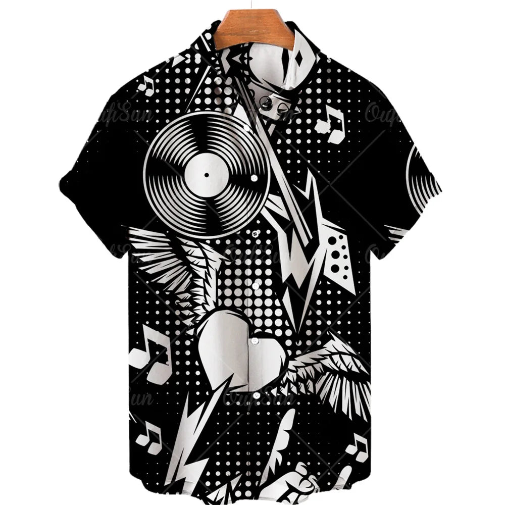Men’s 3D Musical Note Print Shirt – Short Sleeve Open Front Casual Top