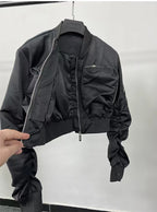 Women’s Cropped Baseball Bomber Jacket – Black Zip-Up Spring Outerwear