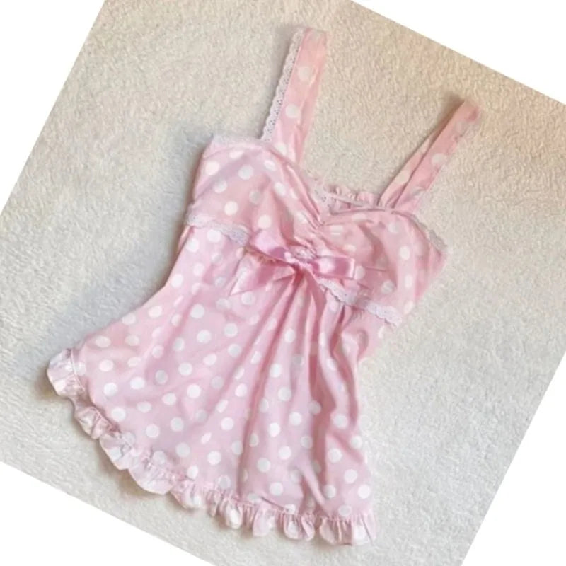 Vintage Polka Dot Lace Patchwork Crop Tank Top – Women’s Summer Cami