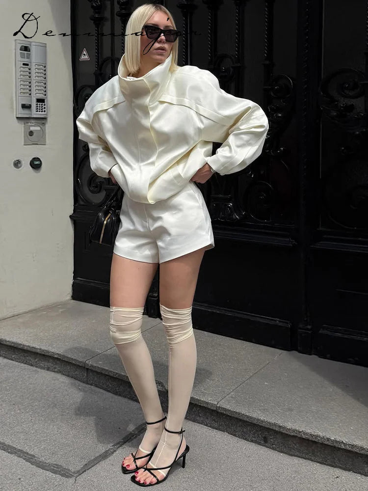 Women’s Satin Stand Collar Jacket – Loose Fit Drawstring Hem Coat