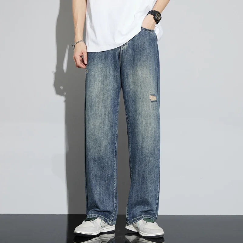 Men’s Vintage Ripped Baggy Jeans – Distressed Straight Leg Denim Pants