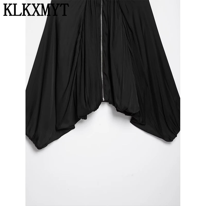 Women’s Cropped Satin Bomber Jacket – Black Zip-Up Streetwear Coat
