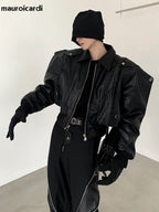 Men’s Oversized PU Leather Jacket – Black Shoulder Pad Zip-Up Coat