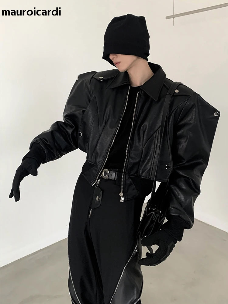 Men’s Oversized PU Leather Jacket – Black Shoulder Pad Zip-Up Coat