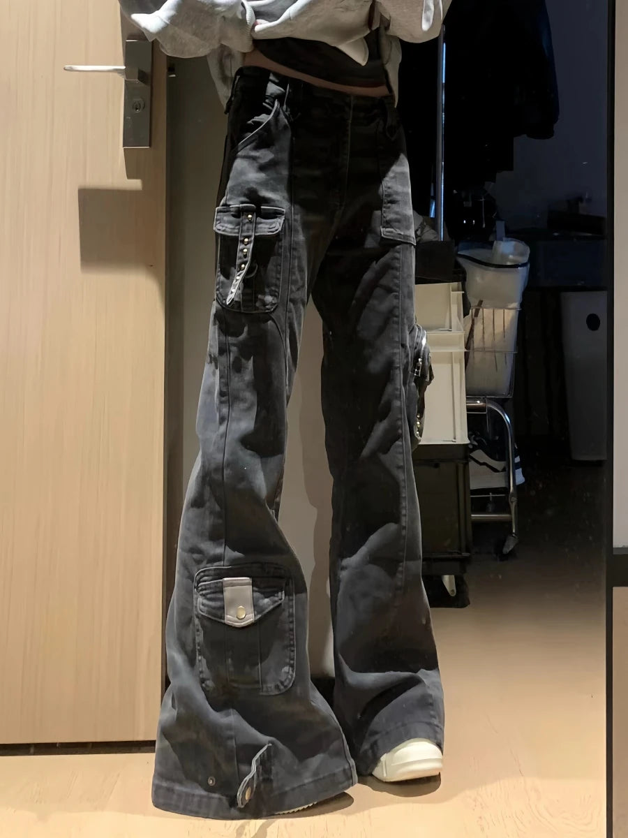 Women’s Flare Cargo Jeans – Y2K Low Rise Bell Bottom Denim Pants