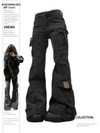 Women’s Flare Cargo Jeans – Y2K Low Rise Bell Bottom Denim Pants
