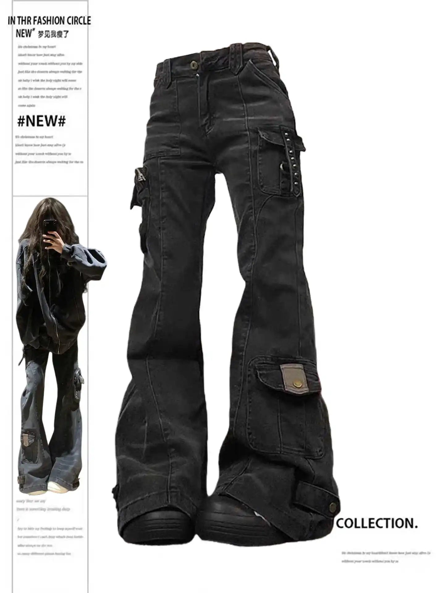 Women’s Flare Cargo Jeans – Y2K Low Rise Bell Bottom Denim Pants