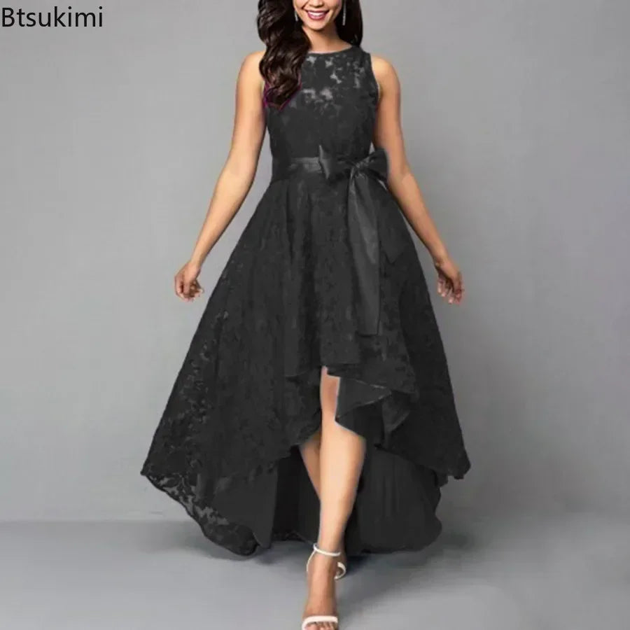 Elegant Lace Bridesmaid Maxi Dress – Women’s High Waist Bow Evening Gown