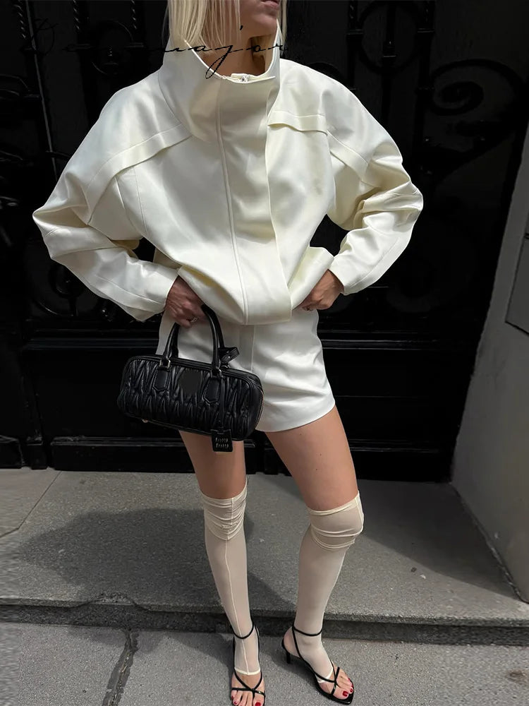 Women’s Satin Stand Collar Jacket – Loose Fit Drawstring Hem Coat