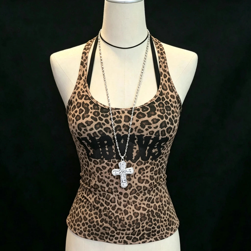 Vintage Leopard Lace Patchwork Cami – Women’s Y2K Sleeveless Summer Top