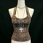 Vintage Leopard Lace Patchwork Cami – Women’s Y2K Sleeveless Summer Top