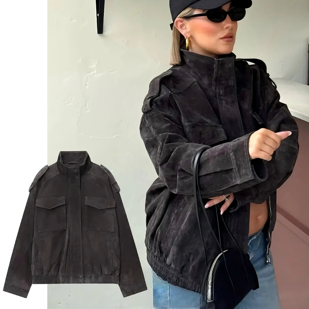 Women’s Suede Bomber Jacket – Loose Fit Long Sleeve Pocket Coat