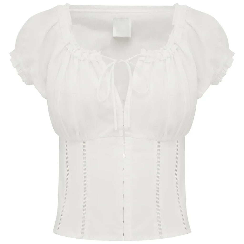 Ruched Square Neck Lace Waist Top – Women’s Puff Sleeve White Blouse