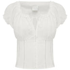 Ruched Square Neck Lace Waist Top – Women’s Puff Sleeve White Blouse