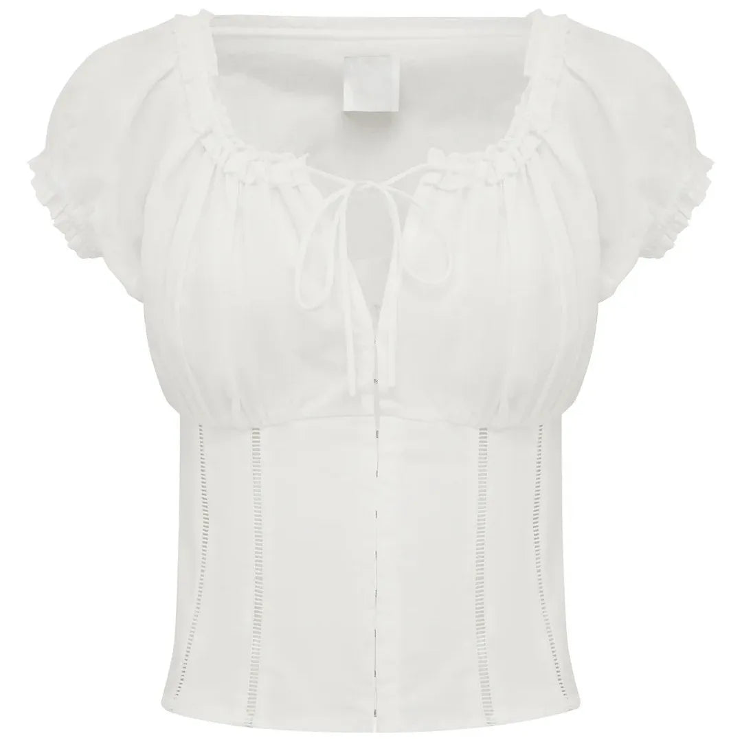 Ruched Square Neck Lace Waist Top – Women’s Puff Sleeve White Blouse