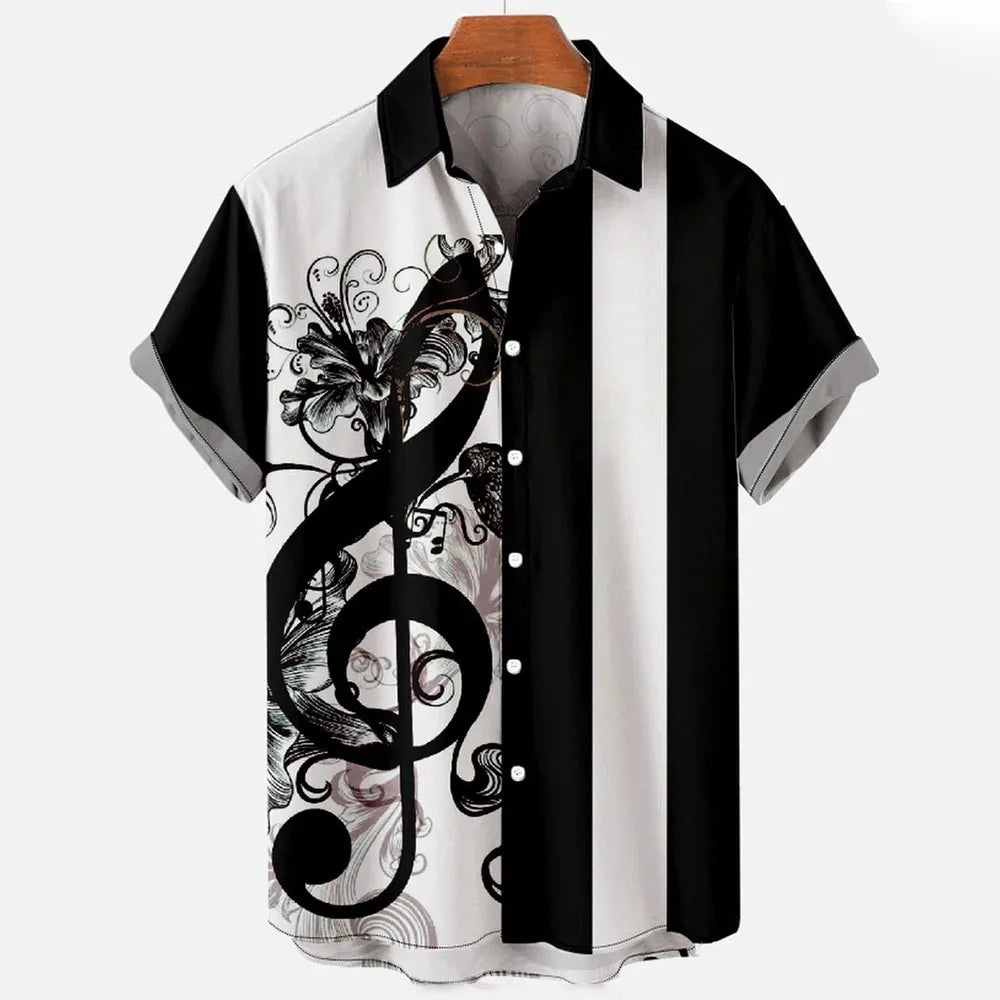 Men’s 3D Musical Note Print Shirt – Short Sleeve Open Front Casual Top