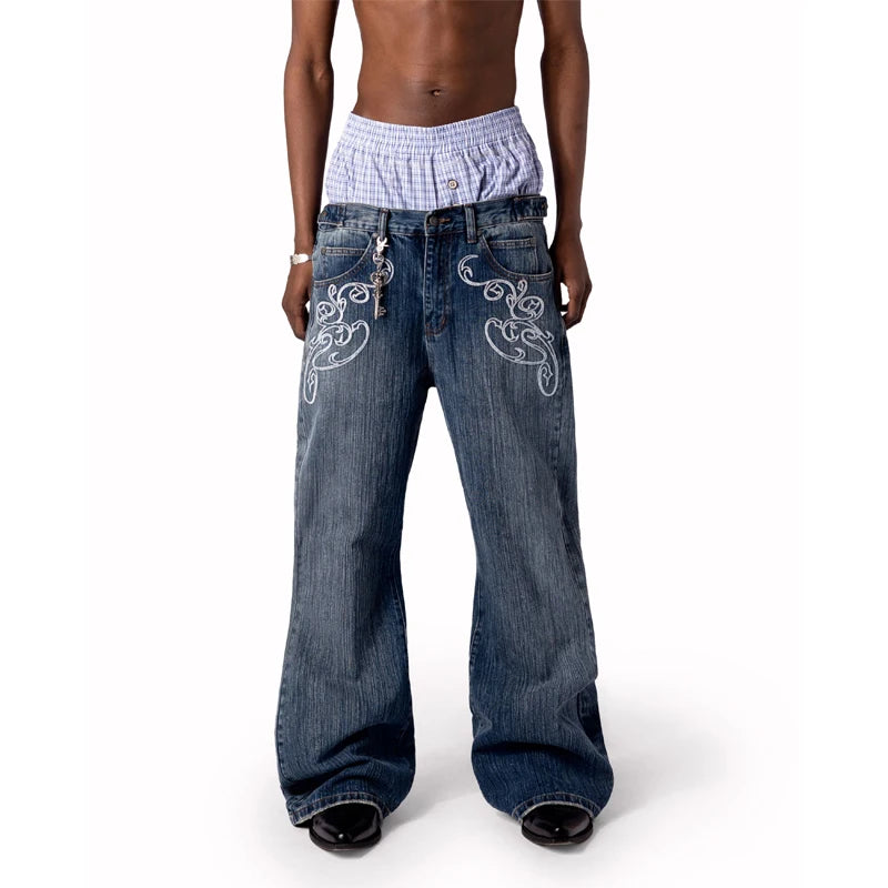 Y2k Blue Opening Bootcut Jeans Vintage Washed Embroidery Men Women Pants Harajuku High Street Streetwear Unisex Casual Jeans