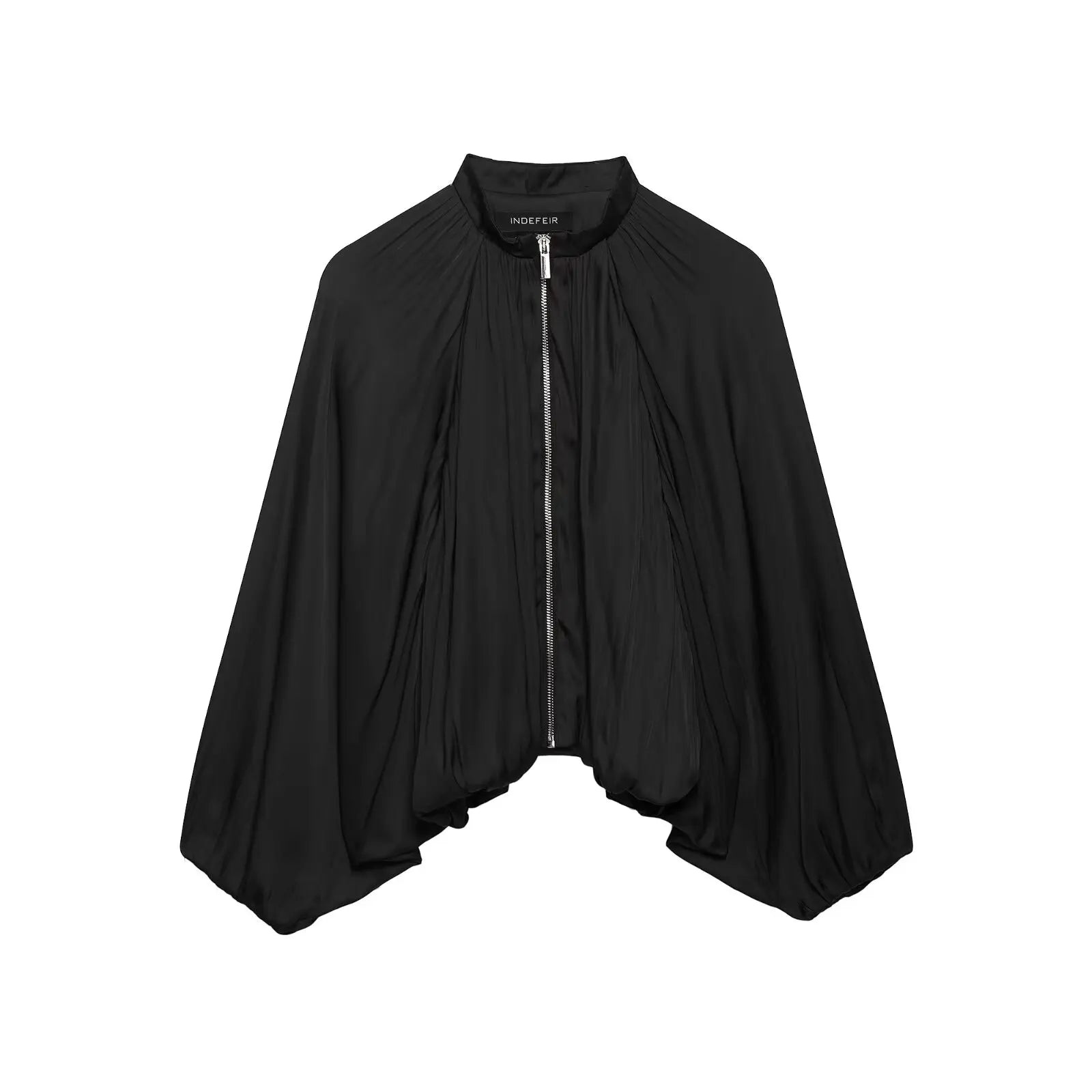 Women’s Cropped Satin Bomber Jacket – Black Zip-Up Streetwear Coat