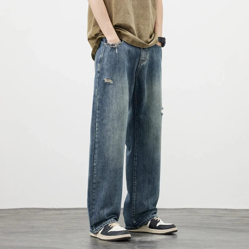 Men’s Vintage Ripped Baggy Jeans – Distressed Straight Leg Denim Pants