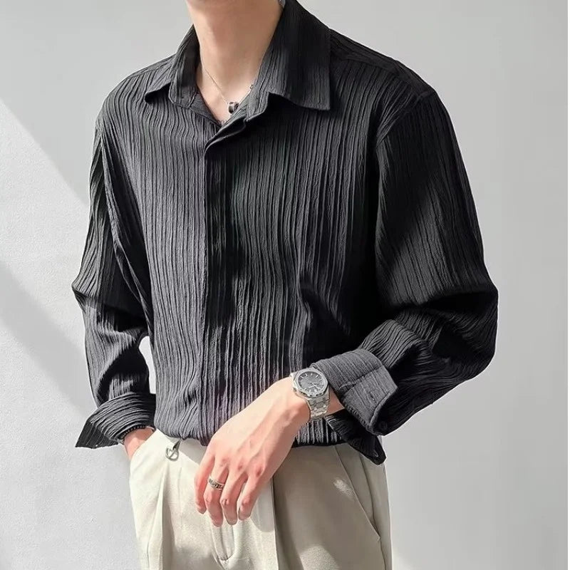 Men’s Pleated Long Sleeve Shirt – Loose Fit Korean Casual Dress Shirt