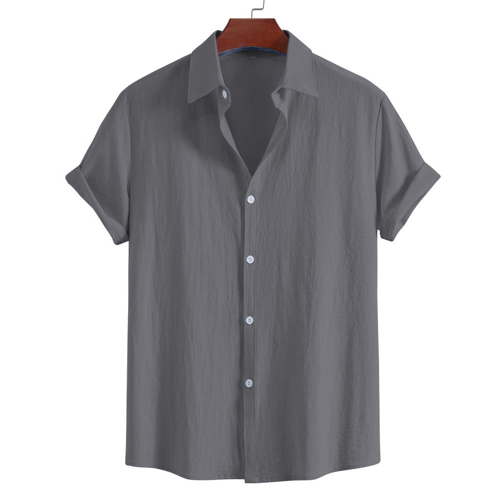 Men’s Cotton Short Sleeve Lapel Shirt – Solid Color Casual Summer Top
