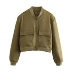 Women’s Vintage Button-Up Bomber Jacket – Long Sleeve Casual Outerwear