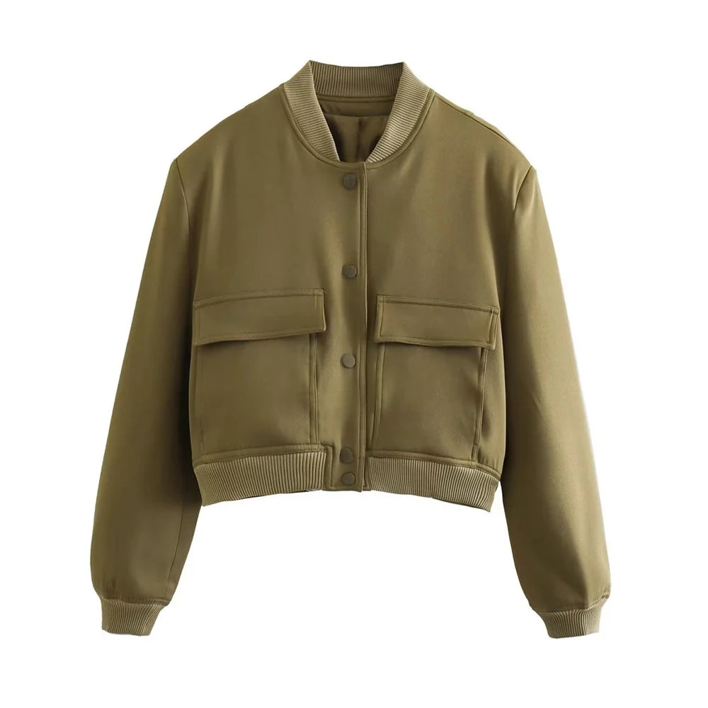 Women’s Vintage Button-Up Bomber Jacket – Long Sleeve Casual Outerwear