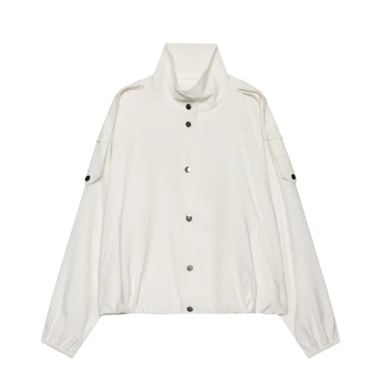 Women’s High Neck Bomber Jacket – Long Sleeve Shoulder Pad Outerwear