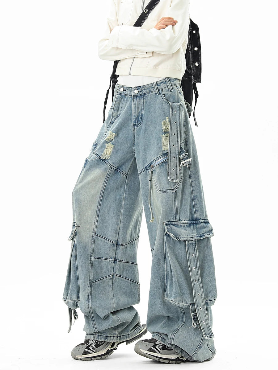 Men’s Cargo Denim Jeans – Straight Leg Adjustable Waist Trousers