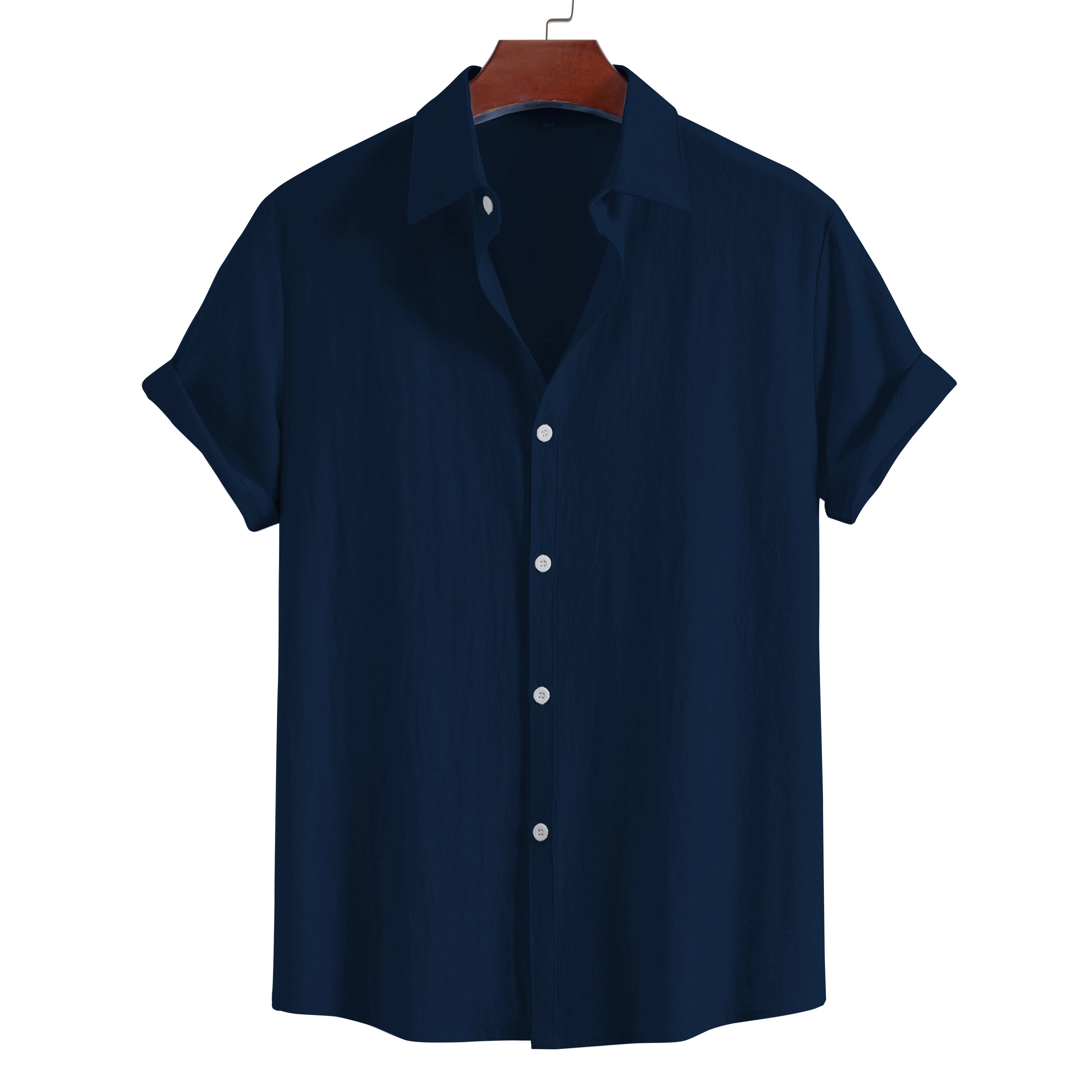Men’s Cotton Short Sleeve Lapel Shirt – Solid Color Casual Summer Top