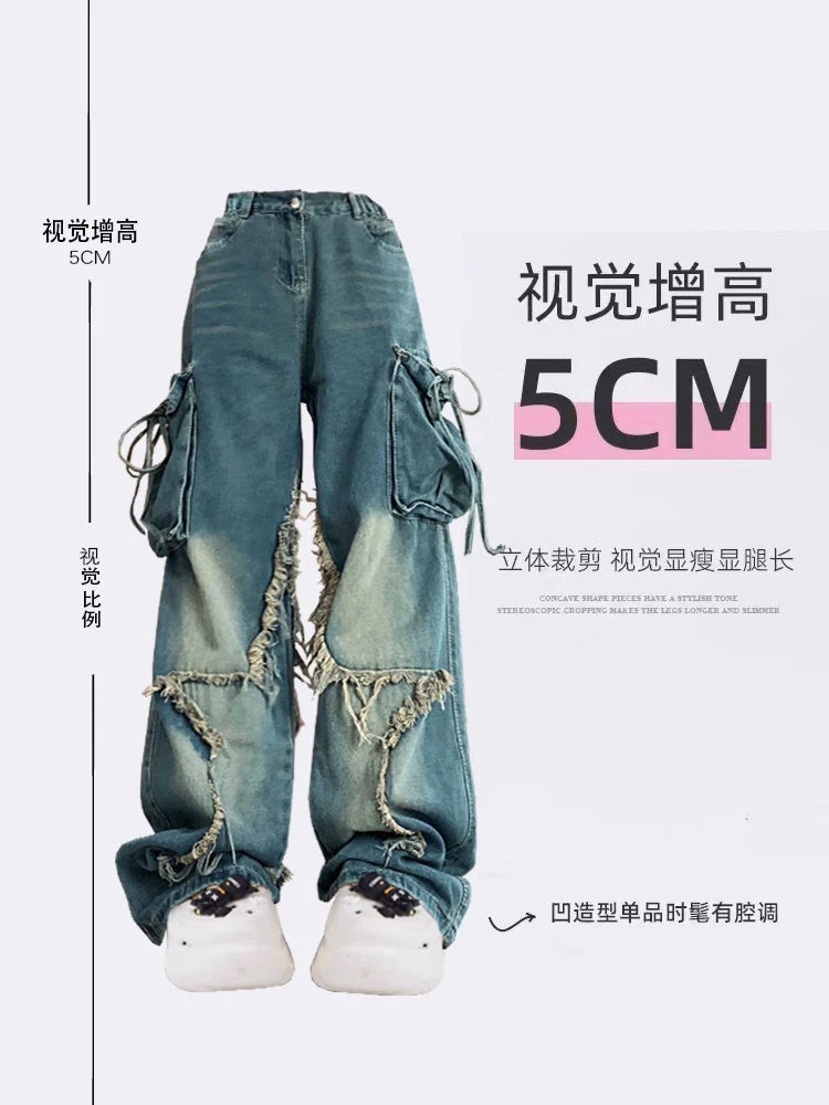 Women’s Blue Cargo Jeans – High Waist Vintage Baggy Denim Pants