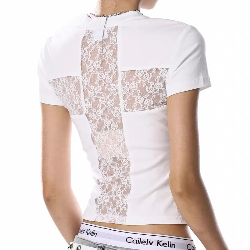 Y2K Lace Back Slim Fit T-Shirt – Women’s Short Sleeve Summer Top