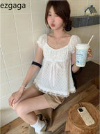 Vintage Polka Dot Lace Blouse – Women’s Puff Sleeve Summer Top