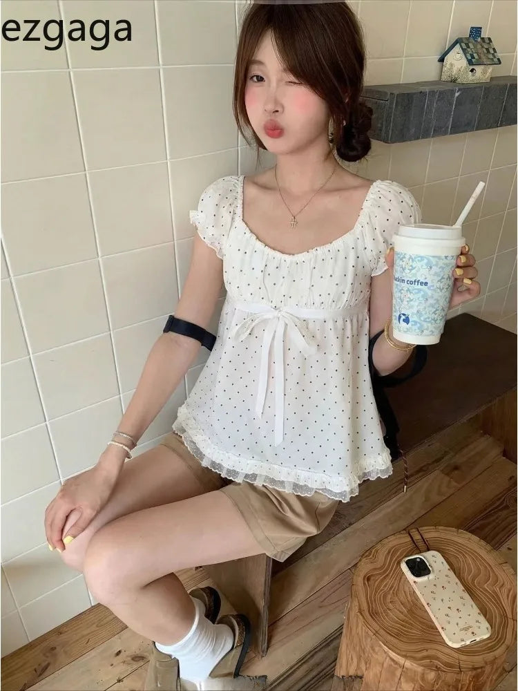 Vintage Polka Dot Lace Blouse – Women’s Puff Sleeve Summer Top