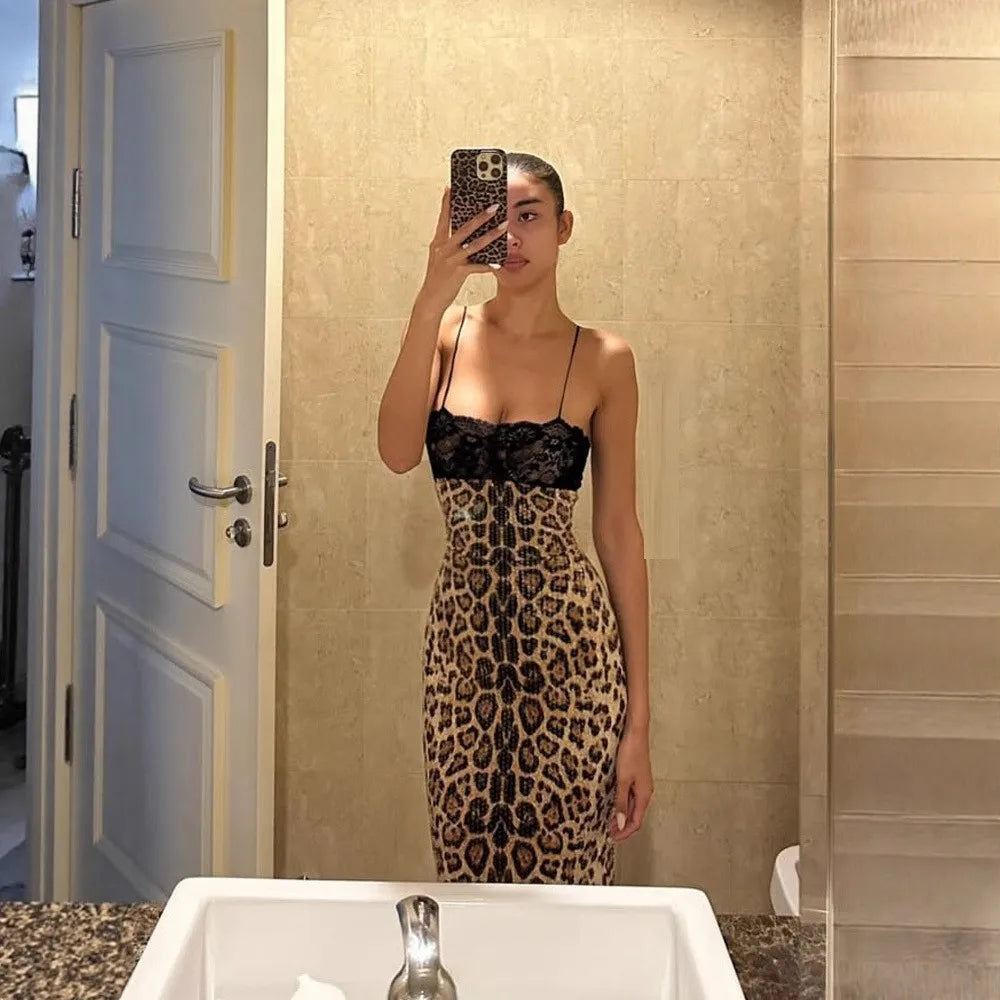 Leopard Lace Sequin Slip Dress – Women’s Backless Slim Party Dress